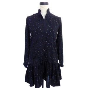 Zara Black Tunic Mini Dress Star Print Button Down Front Long Sleeves Small
